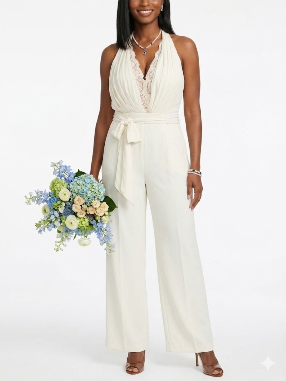 DB Studio Cream Halter Lace-Trim Jumpsuit
